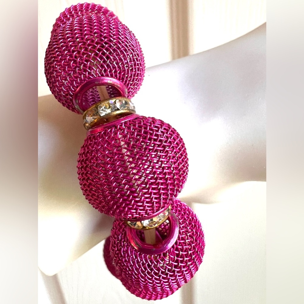 Vintage chunky Hot Pink Bracelet Stretchy Metal Mesh rheistones 6 - 7" - Picture 8 of 12